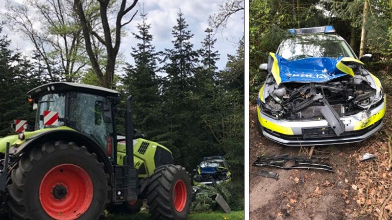 Der Streifenwagen wurde vom Trecker in den Graben geschoben. | Foto: Polizei