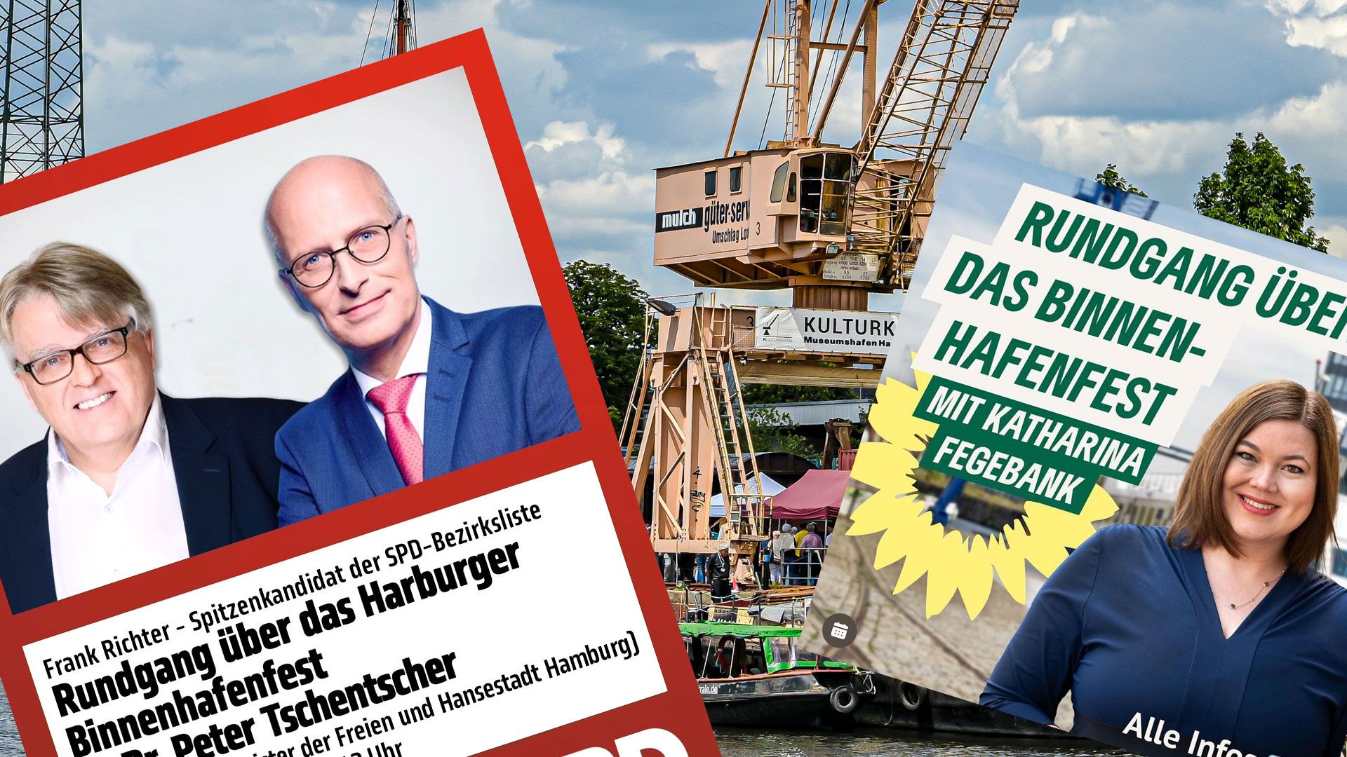 SPD, Grüne und CDU haben angekündigt, mit ihrer Parteiprominenz über das Harburger Binnenhafenfest schlendern zu wollen. | Collage: Niels Kreller