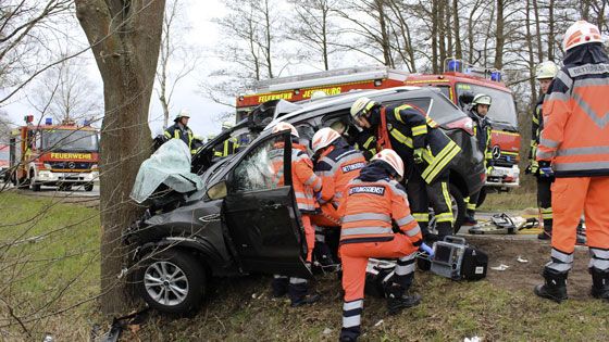 Dieser schwere Verkehrsunfall bei Harmstorf forderte am Donnerstagnachmittag einen lebensgefährlich Verletzten. Die Feuerwehr musste den Mann aus dem Fahrzeug befreien. | Foto: Feuerwehr