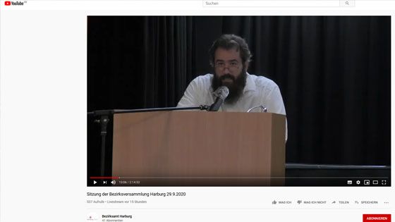 Screenshot des Live Streams der Harburger Bezirksversammlung auf youtube. | Quelle: Youtube