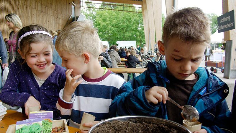 Kinder säen und pflanzen beim offenen Ferienprogramm am Kiekeberg Salat vom 9.-11.4. | Foto: FLMK
