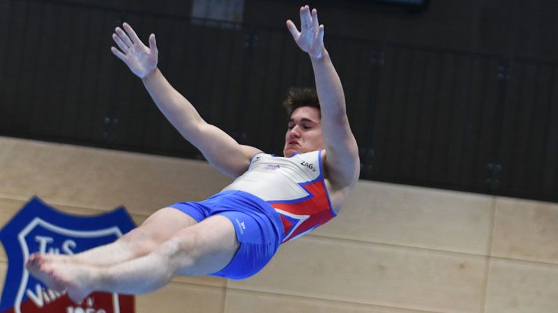 Beeindruckende Flugphase: Der sprunggewaltige Gregory Keck, 18, sorgte beim Bundesligasieg in Heidelberg am Boden (11,85 Punkte) für 3 Score Points. | Foto: M. Timmann, TSV 08