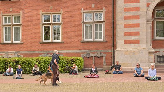 Eine Yoga-Gruppe am Samstag auf dem Rathausplatz. Im Vorderung geht Holocaustleugner Wolfram Schiedewitz "zufällig" spazieren. | Foto: Niels Kreller