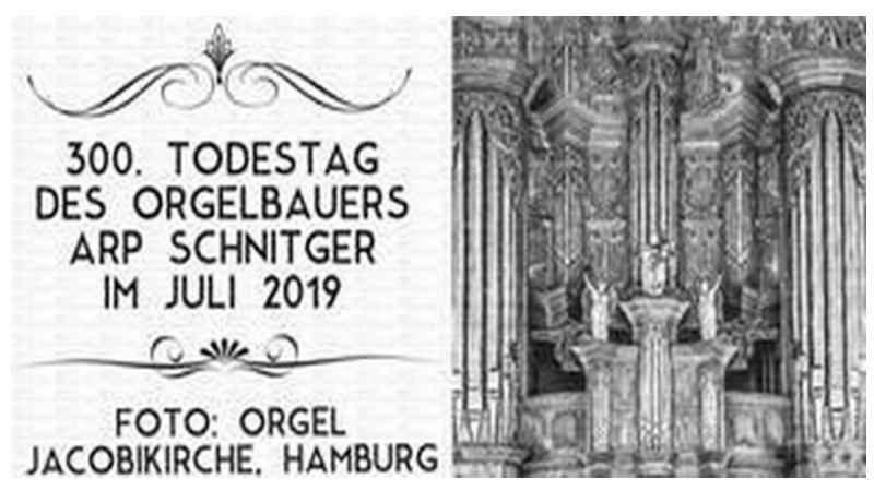 Mit diesem Frankierabdruck sind in diesem jahr die Briefe des Bezirksamtes anlässlich des 300. Todestages des Orgelbauers Arp Schnitger aus Neuenfelde versehen - allerdings mit nicht mit der Schnitger-Orgel aus Neuenfelde. | Fotocredit: Bezirksamt Harburg