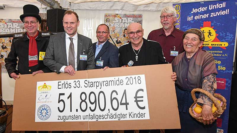 Freuen sich über die große Summe, die am Abend noch auf über 52.000 Euro aufgerundet wurde: Der Hamburger Hummel, Innensenator Andy Grote, Polizei-Vize Morten Struve, Peter Sebastian, Uwe Borutta und die Zitronen Jette (v.L.n.R.). | Foto: Niels Kreller