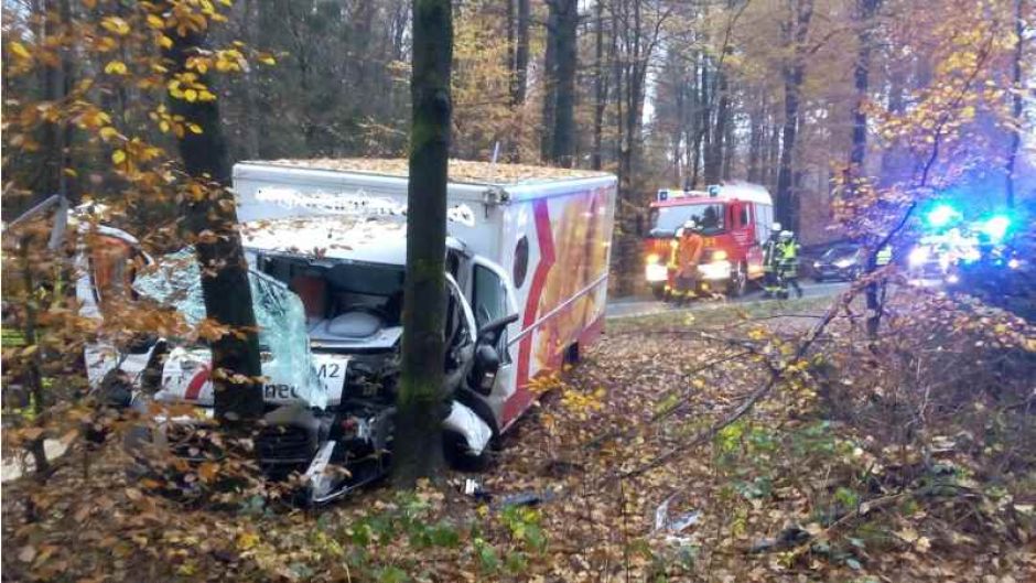 Die Feuerwehren retteten eine Frau aus diesem Transporter, der bei Leversen gegen einen Baum prallte. | Foto: ein