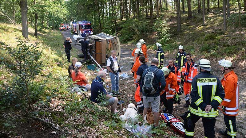Die EInsatzkräfte von Feuerwehr und Rettungsdienst versorgen die verletzten Passiere der Kutsche. | Foto: André Lenthe Fotografoe