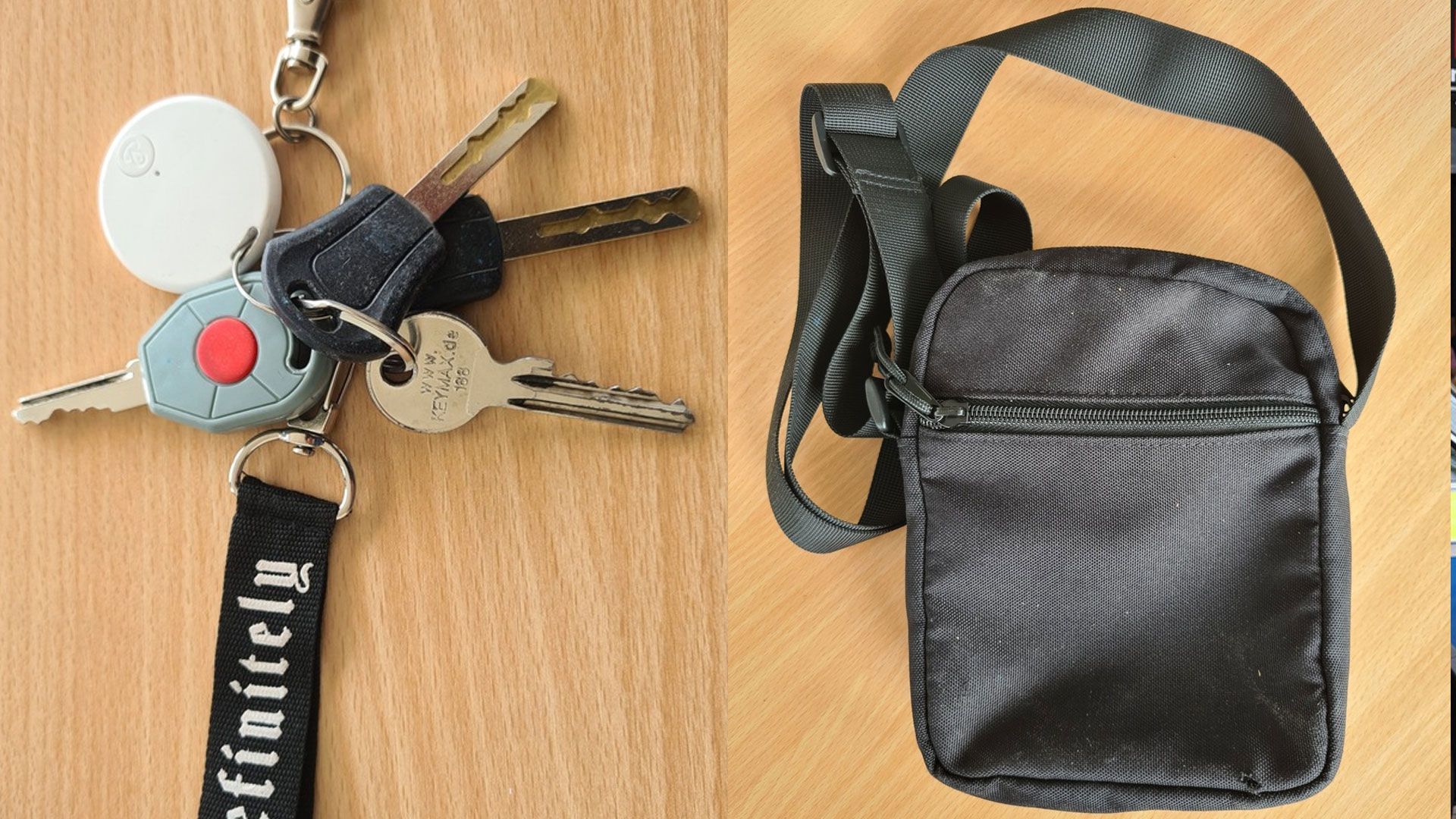 Diesen auffälligen Schlüsselbund und diese Männerhandtasche ließ der Dieb am Tatort zurück. | Foto: Polizei