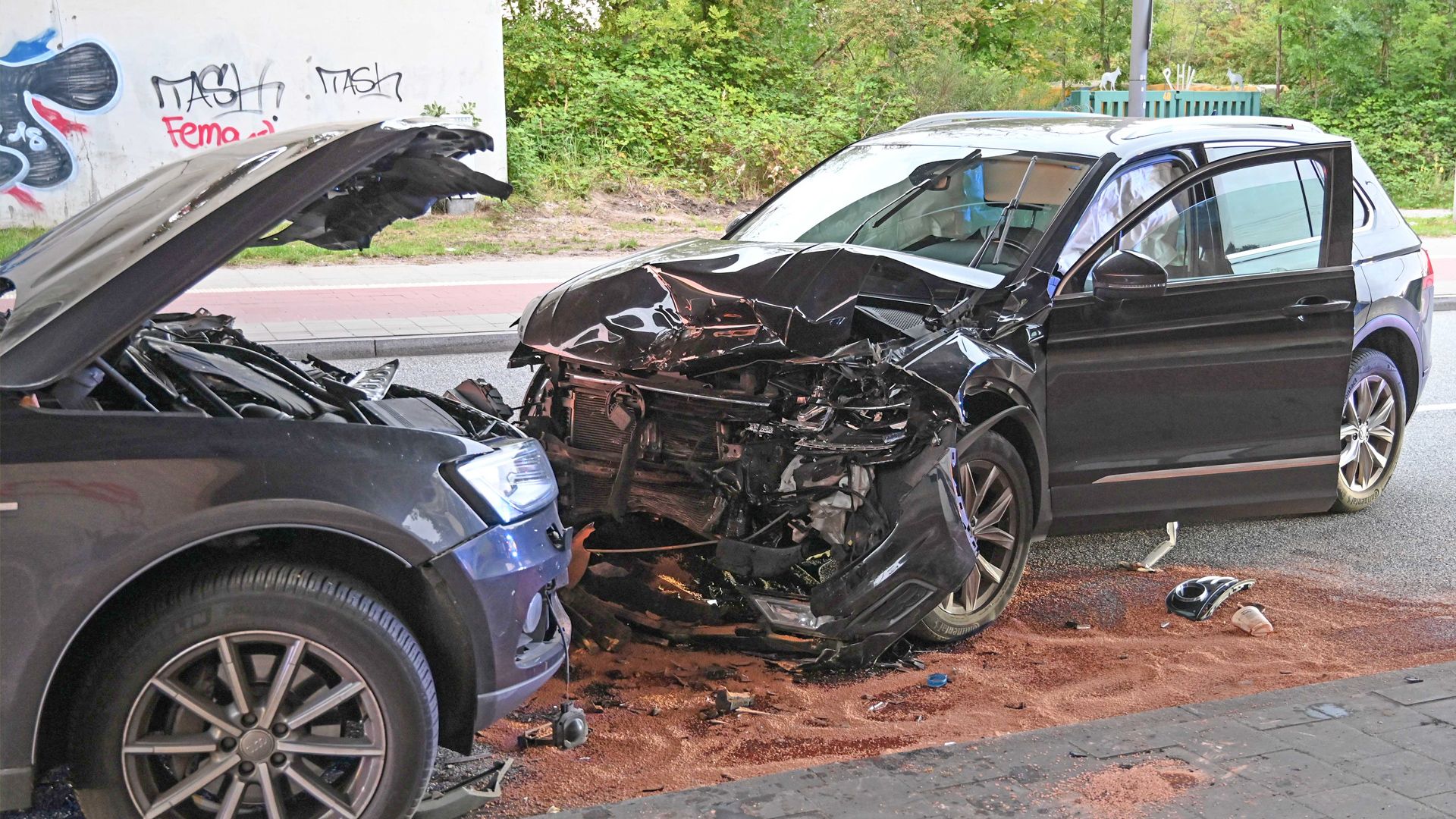 Der VW und der Audi sind nach dem Frontalcrash nicht mehr fahrbereit. | Foto: HamburgNews