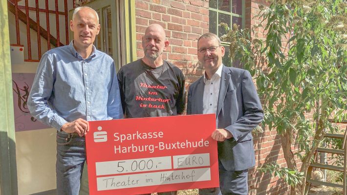 Freuen sich auf den Programm-Start im Theater im Hinterhof (von links): Dirk Schröter und Nils Engelhard (Theater im Hinterhof) sowie Matthias Weiß, Stiftung für Stifter der Sparkasse Harburg-Buxtehude). Foto: ein