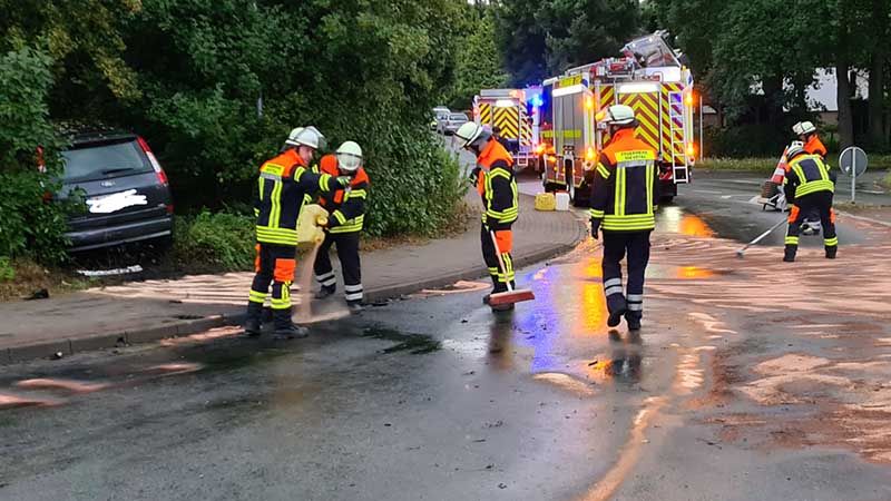 Die Feuerwehr Maschen verhinderte mit einer großen Menge an Ölbindemitteln einen größeren Umweltschaden nach einem Verkehrsunfall in Maschen. | Foto: ein
