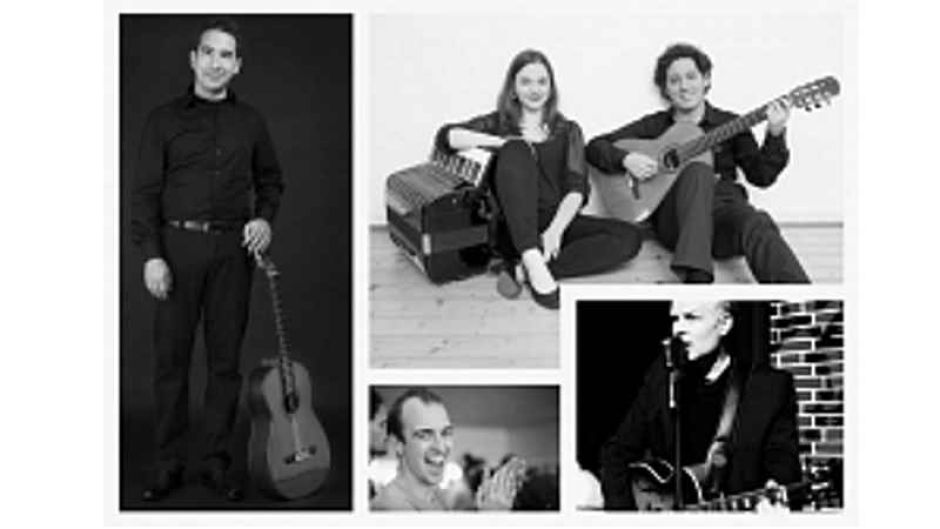 Milad Darvish Ghane (links), Joschka Wiebusch (unten Mitte) Thomas Krakowczyk (unten rechts) und das Lux Nova Duo mit Lydia Schmidl und Jorge Paz Verástegui spielen „Saite an Saite“ am 25. November im Neu Wulmstorfer Rathaus. | Foto: ein
